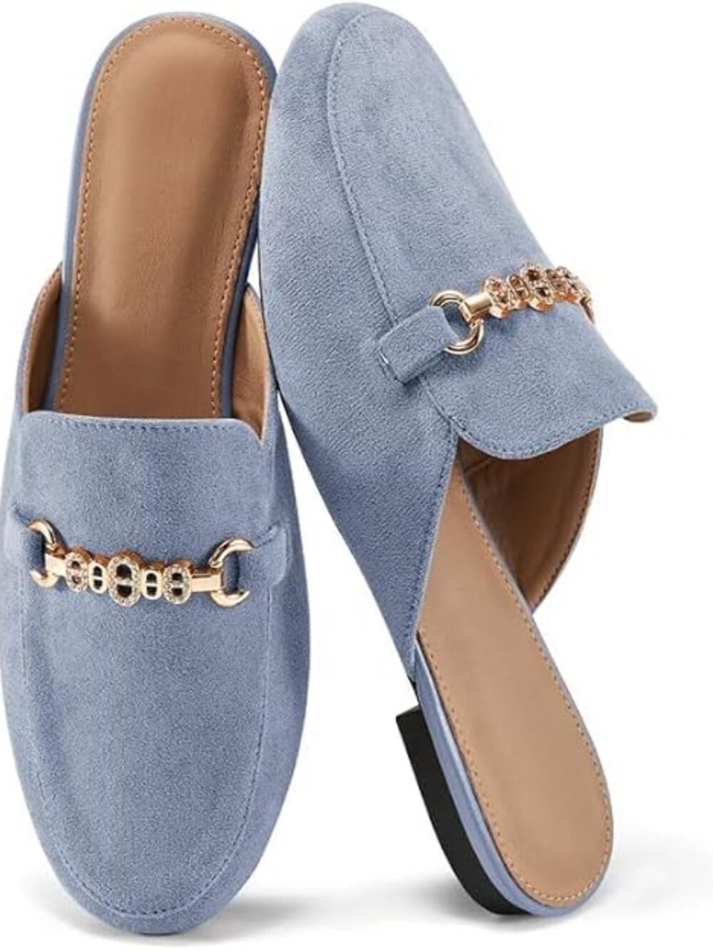 Women's Blue Faux Suede Stylish Comfortable Classic Buckle Mules Slip On Shoes